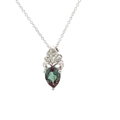 10K Gold 7x5mm Pear Cut Created Alexandrite and 0.018cttw Diamond Necklace