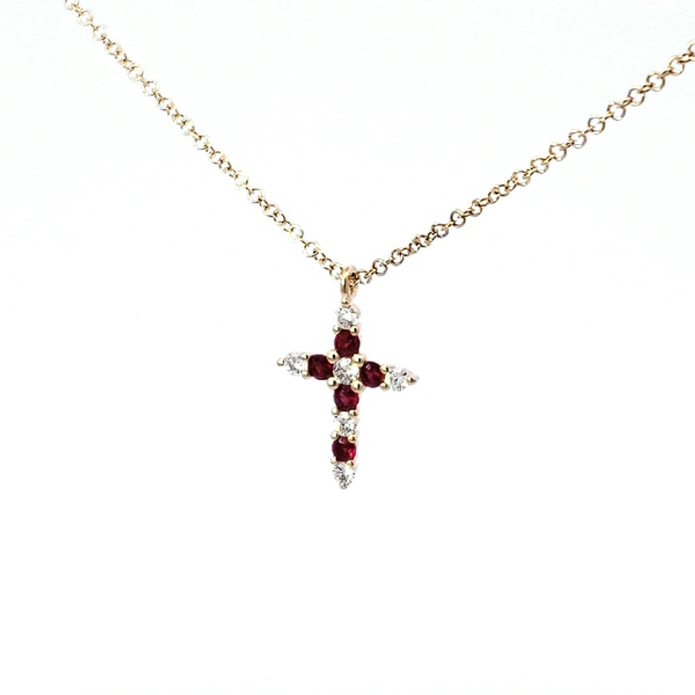 14K Yellow Gold 0.15cttw Ruby and 0.13cttw Diamond Cross Pendant - 18 inches