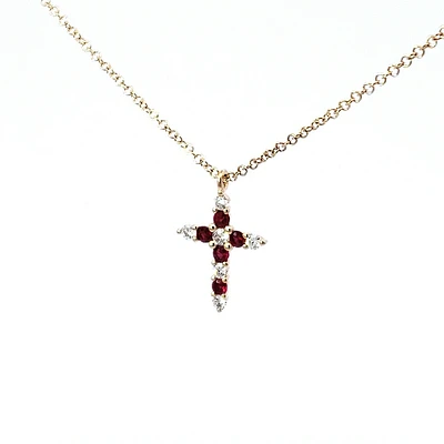 14K Yellow Gold 0.15cttw Ruby and 0.13cttw Diamond Cross Pendant - 18 inches