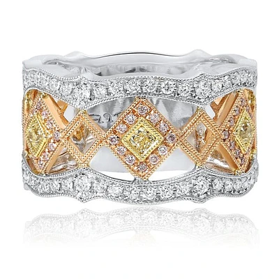 18K Tricolor Fancy Yellow, Pink and White Diamonds Band