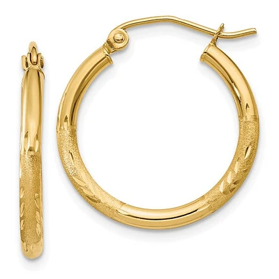 10k Satin and Diamond-cut 2mm Round Tube Hoop Earrings