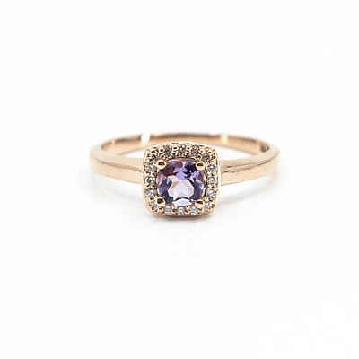 10K Rose Gold 0.35cttw Genuine Amethyst & 0.07cttw Diamond Halo Ring, size 7