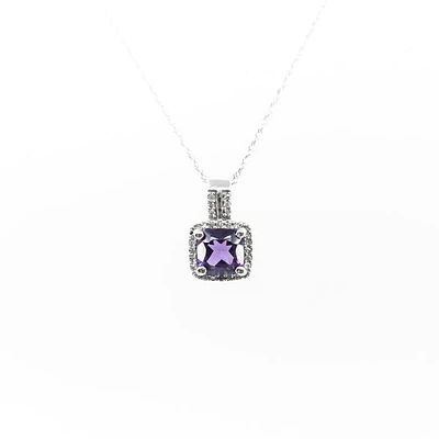 10K White Gold Amethyst and Diamond Pendant, 18"
