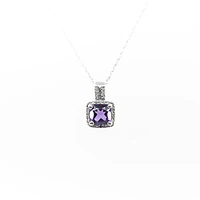 10K White Gold Amethyst and Diamond Pendant, 18"