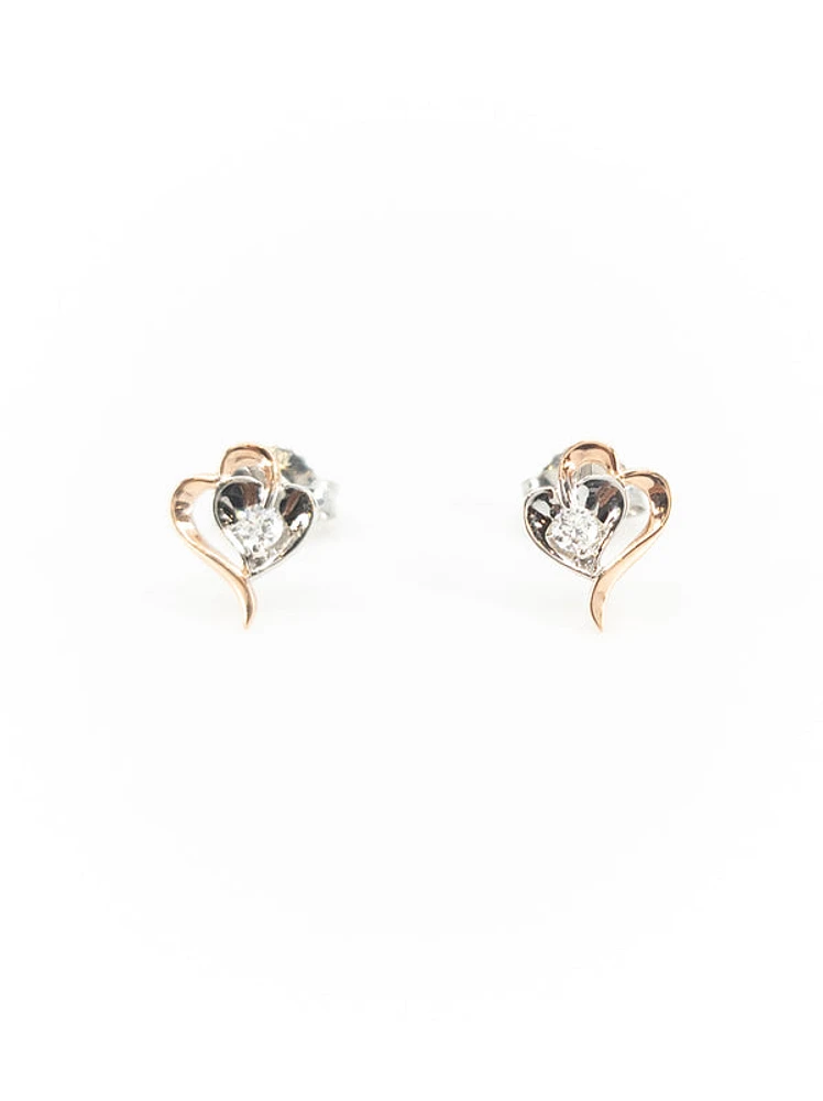 10K White & Rose Gold 0.08cttw Round Cut Canadian Diamond Heart Earrings
