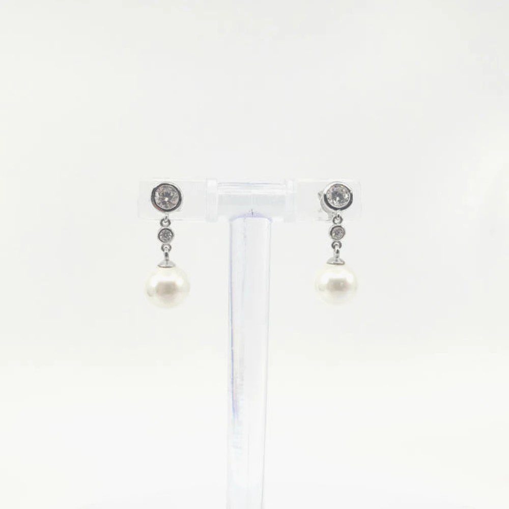 925 Sterling Silver Cubic Zirconia with 8mm Imitation Pearl Dangle Stud