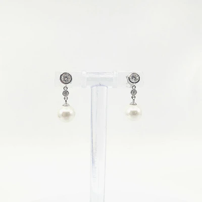 925 Sterling Silver Cubic Zirconia with 8mm Imitation Pearl Dangle Stud