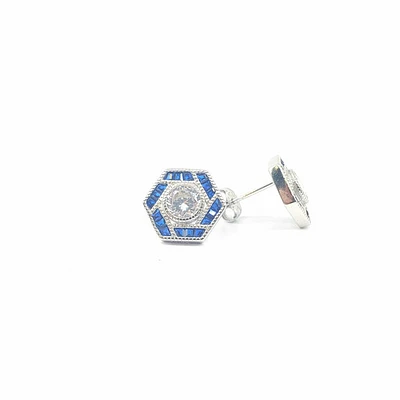 925 Sterling Silver Clear and Blue Cubic Zirconia Hexagon Stud - 12.5mm x 11mm