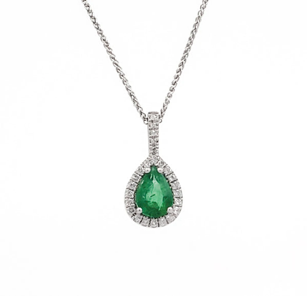 10/14K White Gold 0.70cttw Pear Cut Emerald and 0.11cttw Diamond Pendant, 18"