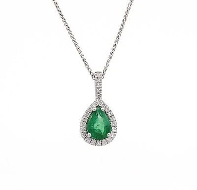 10/14K White Gold 0.70cttw Pear Cut Emerald and 0.11cttw Diamond Pendant, 18"