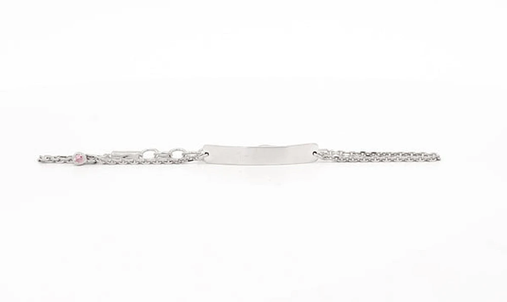 Engraveable 925 Sterling Silver Bar Baby Bracelet with Pink Cubic Zirconia adjustable rolo link 6.5"