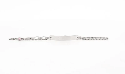 Engraveable 925 Sterling Silver Bar Baby Bracelet with Pink Cubic Zirconia adjustable rolo link 6.5"