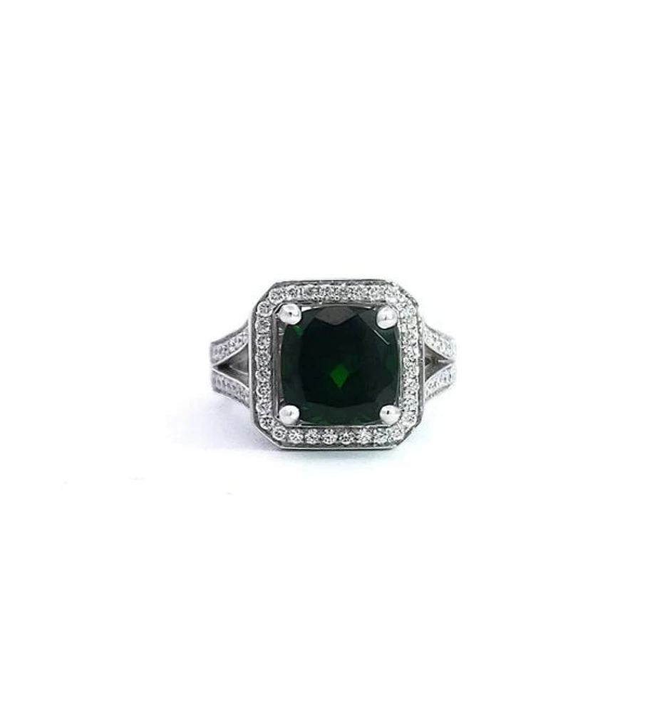 14K White Gold 3.60cttw Green Tourmaline and 0.56cttw Diamond Ring, Size 7