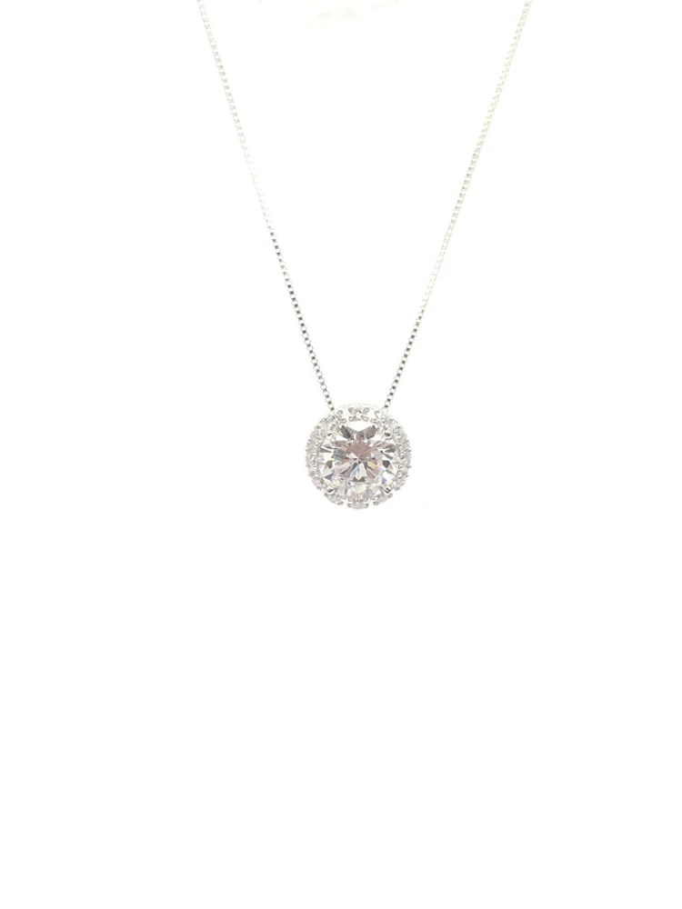 925 Sterling Silver 8mm Cubic Zirconia Halo Necklace - 18 Inches