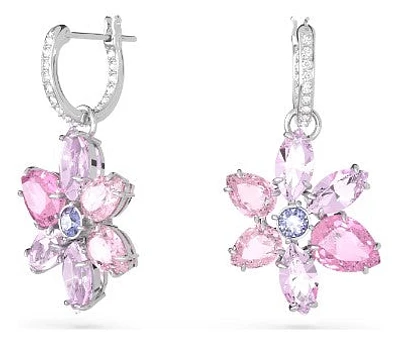 Swarovski Gema drop earrings, Mixed cuts, Flower, Pink, Rhodium plated - Discontinued - 5658397