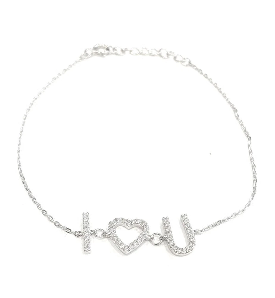 925 Sterling Silver Rhodium Plated Cubic Zirconia Bracelet "I (Heart) You" with Spring Clasp - Adjustable 14-16.5 Inches