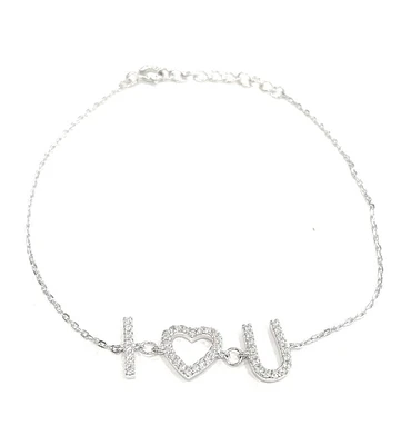 925 Sterling Silver Rhodium Plated Cubic Zirconia Bracelet "I (Heart) You" with Spring Clasp - Adjustable 14-16.5 Inches