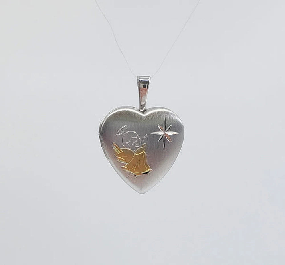 925 Sterling Silver with Angel Etched in Gold Plating Locket - 16mm x 17mm