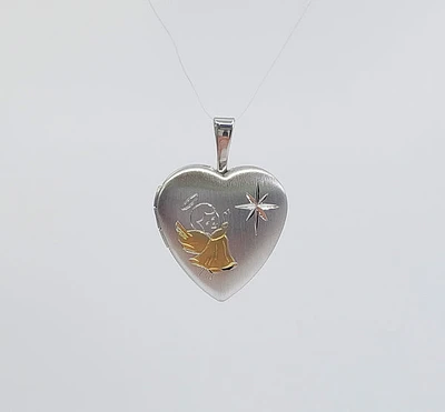 925 Sterling Silver with Angel Etched in Gold Plating Locket - 16mm x 17mm