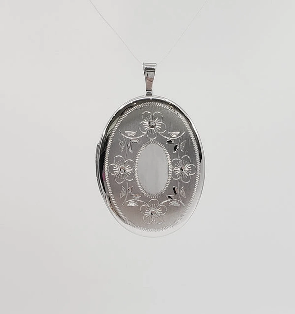 925 Sterling Silver Brushed Floral Etched Oval Locket - 24mm x 26mm