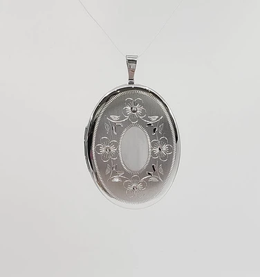 925 Sterling Silver Brushed Floral Etched Oval Locket - 24mm x 26mm