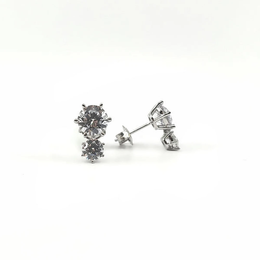 925 Sterling Silver 2 Tier Drop Round Cubic Zirconia Stud Earring - 13mm x 8.5mm
