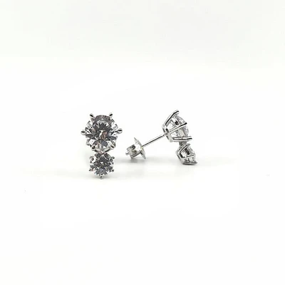 925 Sterling Silver 2 Tier Drop Round Cubic Zirconia Stud Earring - 13mm x 8.5mm