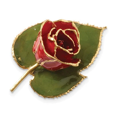 24k Gold-trim Lacquer Dipped Rose on Leaf Pin/Boutonniere