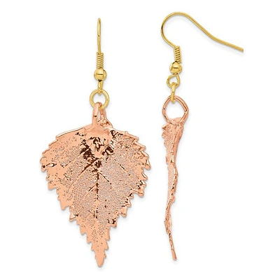 24k Rose Gold Dipped Real Birch Leaf Shepherd Hook Earrings