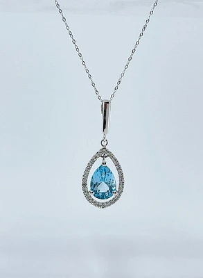 10K White Gold Blue Topaz & Diamond Pendant 18"