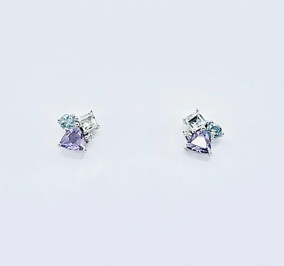 Aquamarine, Amethyst & White Topaz Stud Earrings