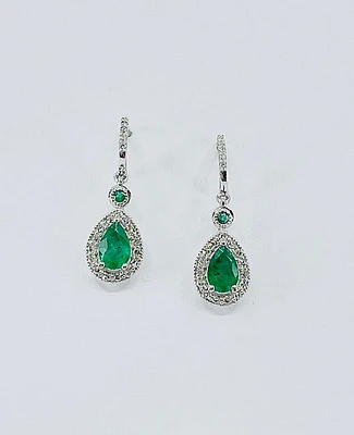 10K White Gold Genuine Emerald & Diamond Earrings