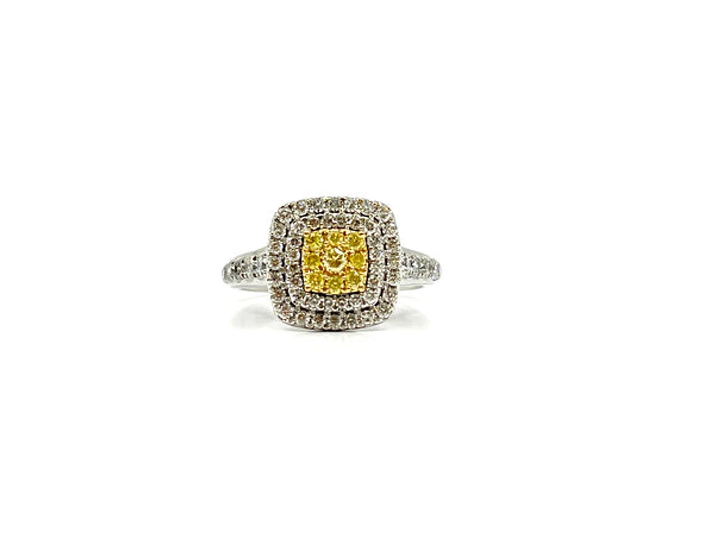 14K White Gold 1.05cttw Fancy Yellow and White Diamond Halo Engagement Ring, size 6