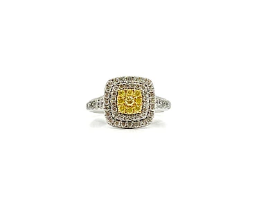14K White Gold 1.05cttw Fancy Yellow and White Diamond Halo Engagement Ring, size 6
