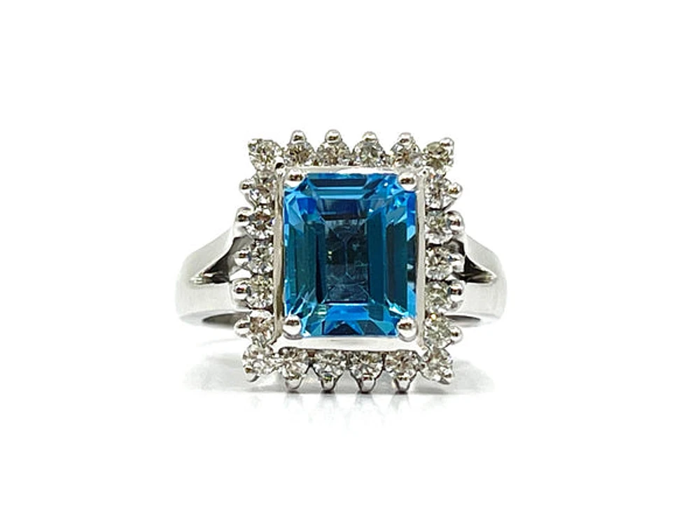 14K White Gold Genuine Blue Topaz and Diamond Ring, size 6.5