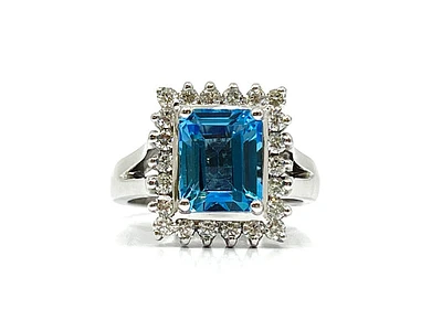 14K White Gold Genuine Blue Topaz and Diamond Ring, size 6.5