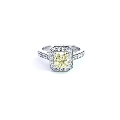 14K White Gold 1.64cttw Fancy Yellow  Cushion Cut Diamond Halo Engagement Ring, Size 6.5