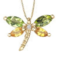 10K Yellow Gold Genuine Peridot, Genuine Yellow Sapphire and Diamond 0.01cttw Dragonfly Pendant, 18"