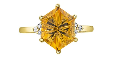 10K Yellow Gold 3.00cttw Genuine Citrine & 0.07cttw Diamond Ring, size 6.5