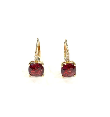 10K Yellow Gold 2.50cttw Cushion Cut Garnet and 0.065cttw Diamond Lever Back Earring