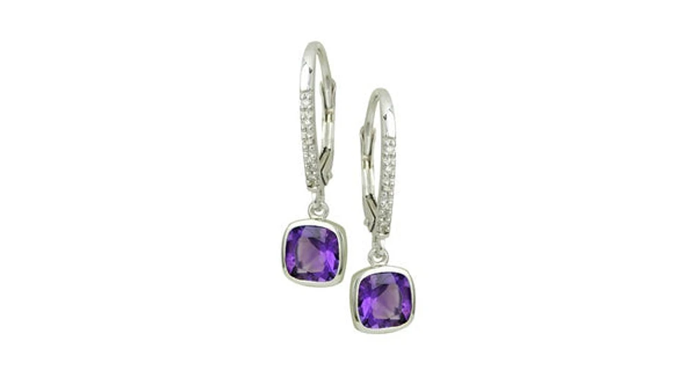 10K White Gold 5.5mm x 5.5mm Amethyst and 0.04cttw Diamond Drop Earrings with Lever Backs