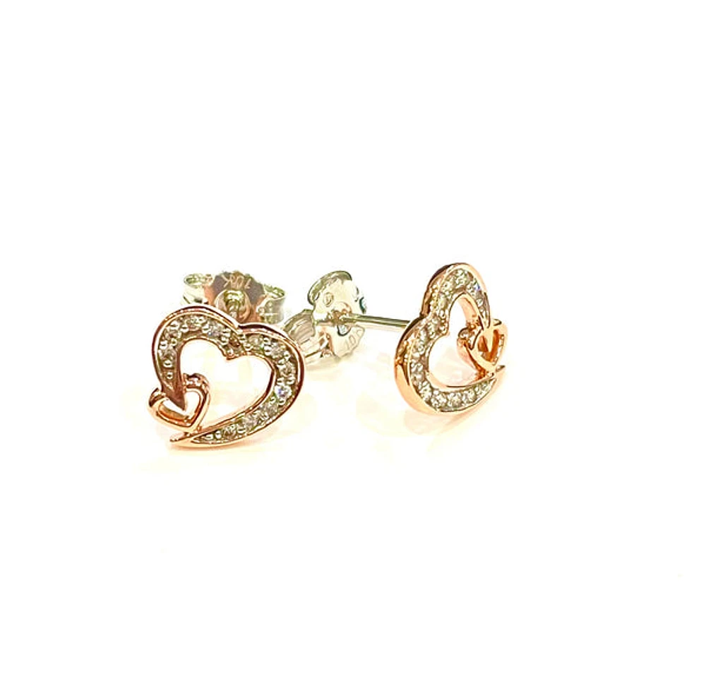 10K Rose and White Gold 0.12cttw Diamond Heart Stud Earrings with Butterfly Backs