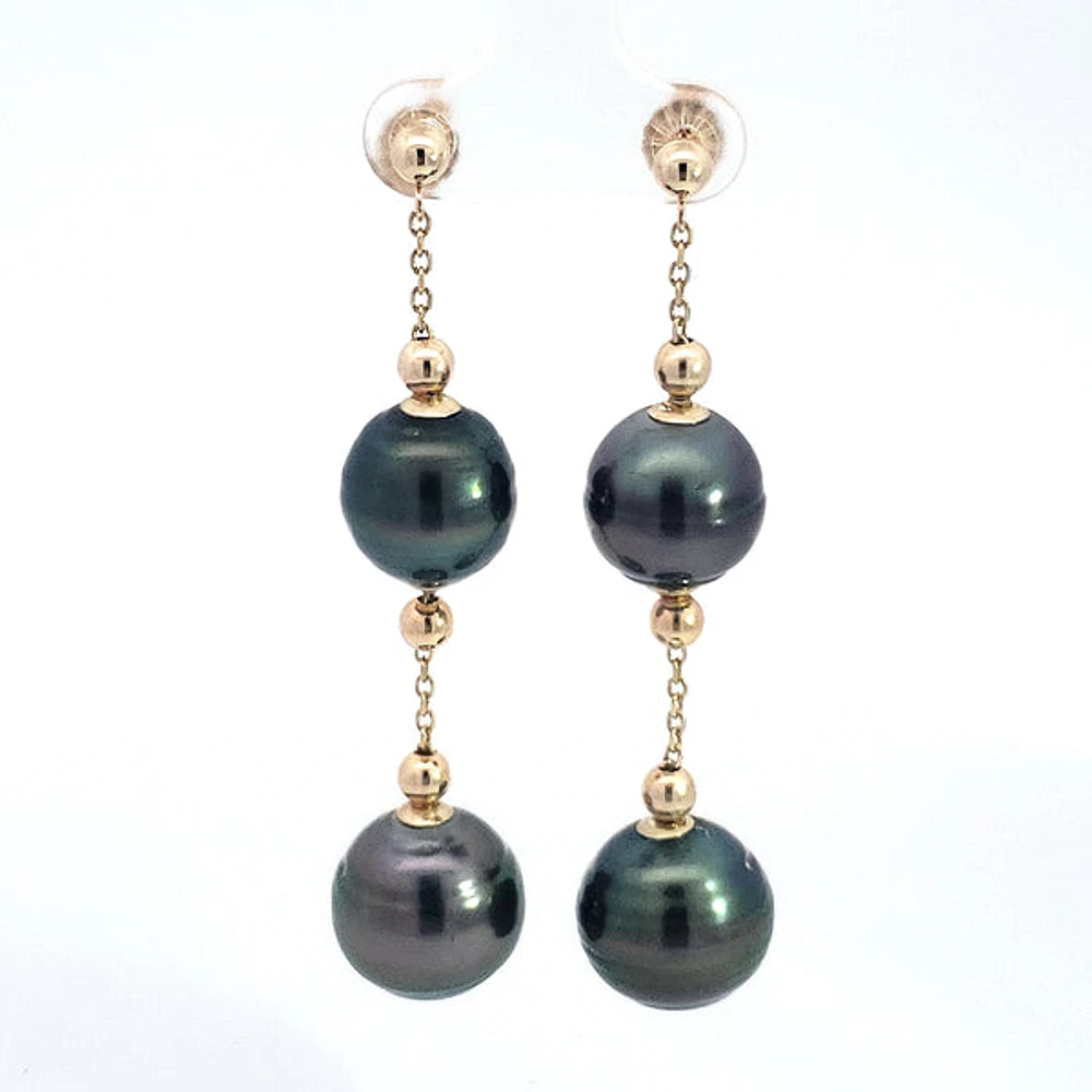 14K Yellow Gold 12.5-14mm Tahitian Pearl Dangle Earring