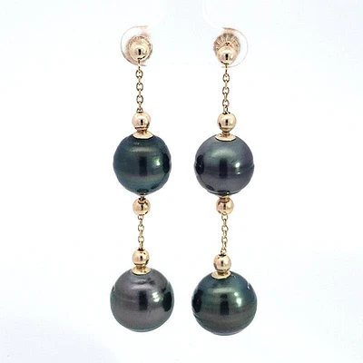 14K Yellow Gold 12.5-14mm Tahitian Pearl Dangle Earring