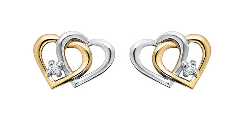 10K Yellow & White Gold Diamond Double Heart Earrings 0.03cttw