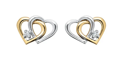 10K Yellow & White Gold Diamond Double Heart Earrings 0.03cttw