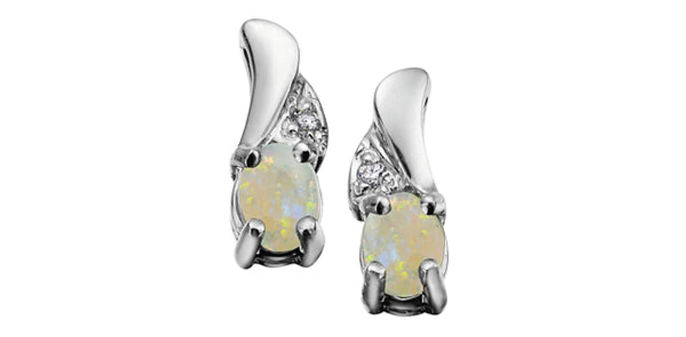 10K White Gold 0.22cttw Genuine Opal and 0.01cttw Diamond Earrings