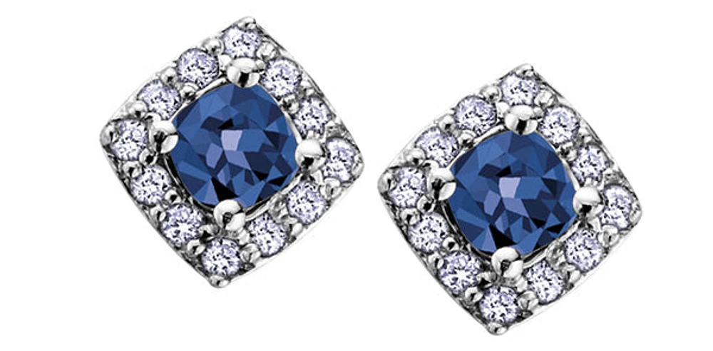 10K White Gold 0.40cttw Genuine Sapphire & 0.12cttw Diamond Halo Stud Earrings
