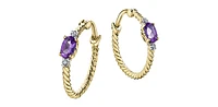 10K Yellow Gold  Amethyst and Diamond Hoop Earrings