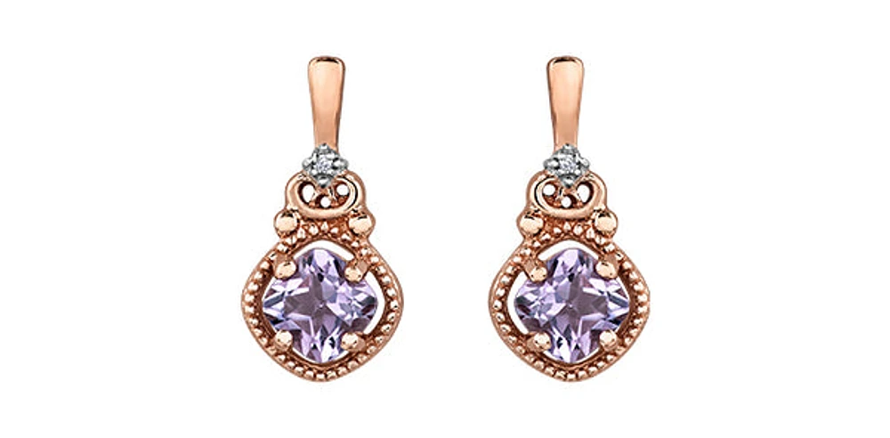 10K Rose Gold Pink Amethyst and Diamond Dangle Earrings